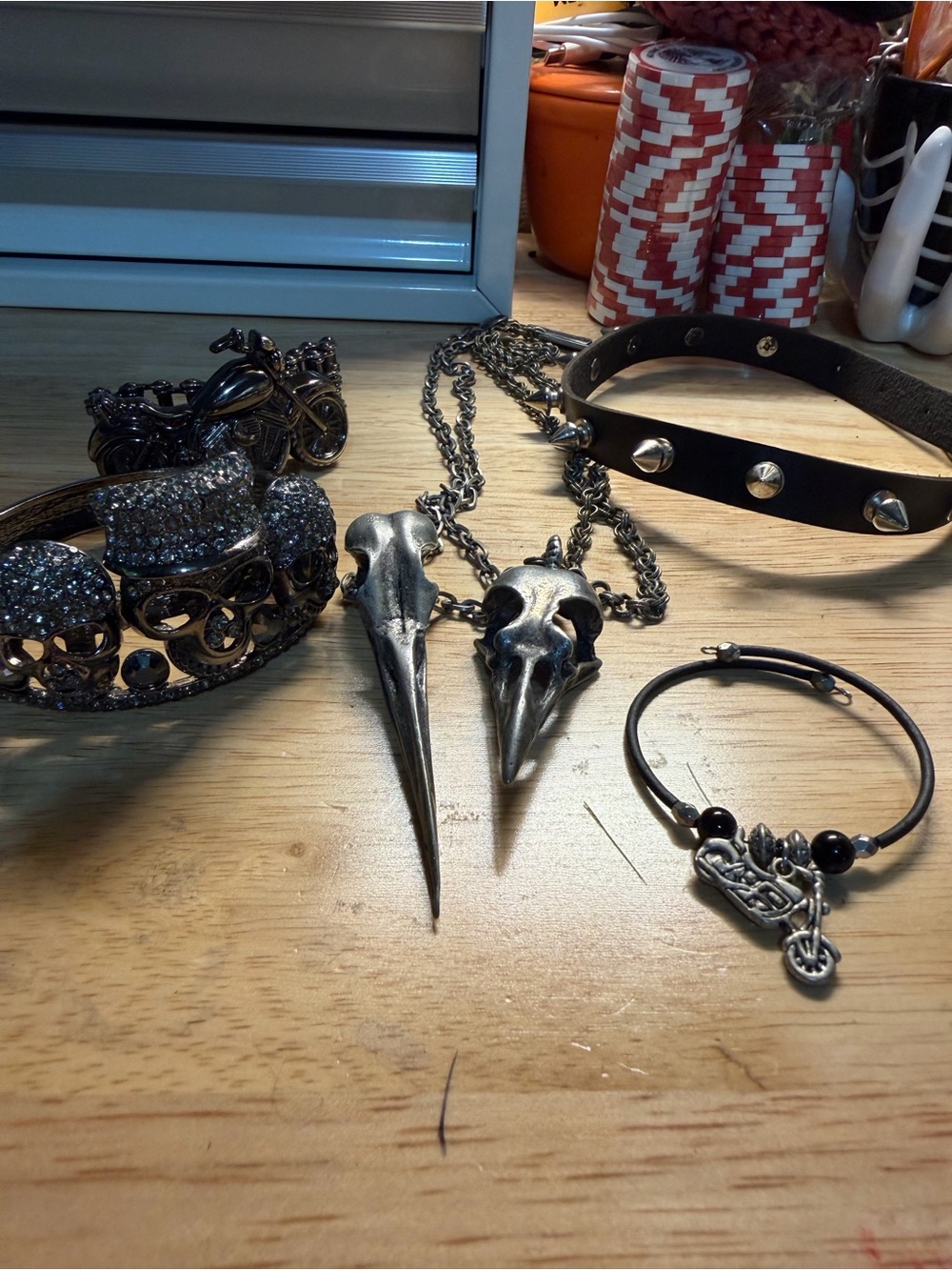 Gothic Silver Raven Skull Pendant Necklace with Studded Black Leather choker